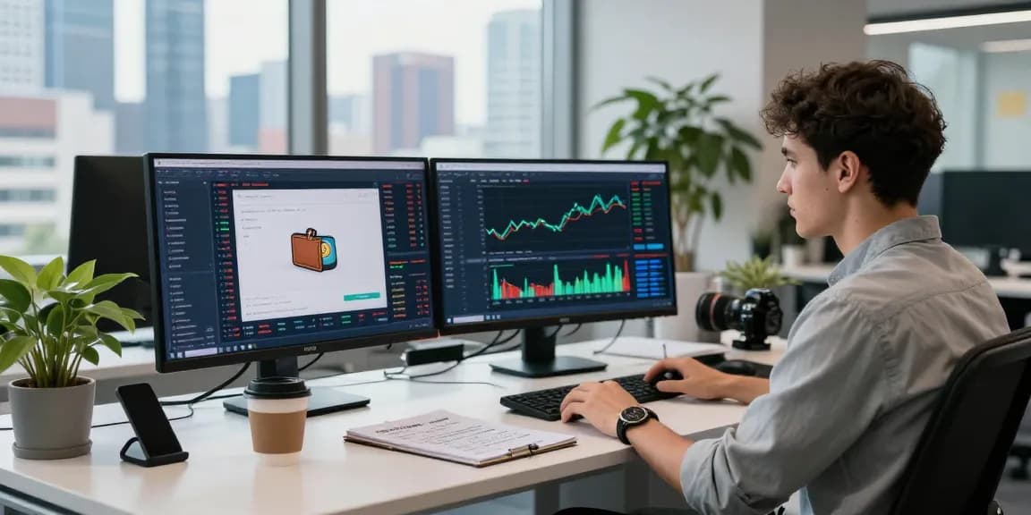 libertyswap trading in a high-tech office with multiple screens displaying market data and crypto performance