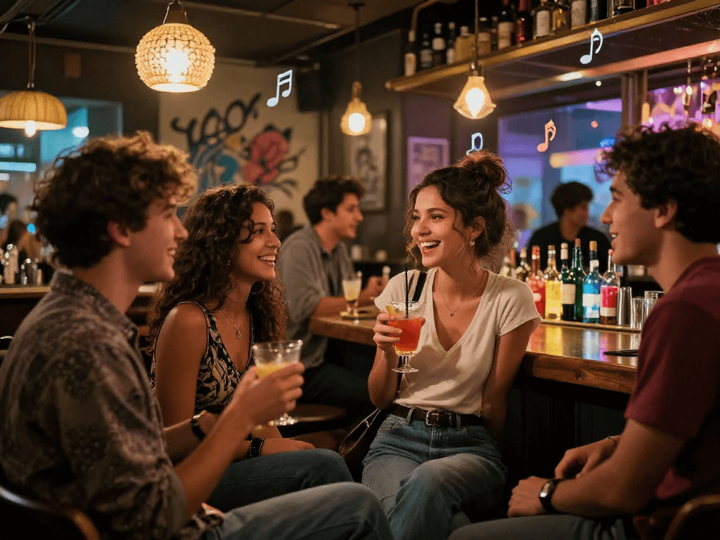 Gái gọi thưởng thức một buổi tối vui vẻ tại quán bar sôi động cùng bạn bè