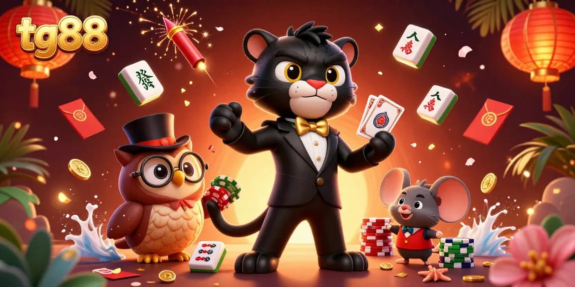 tg88 offers thrilling gambling experiences with a stylish panther dealer at a lively casino scene.