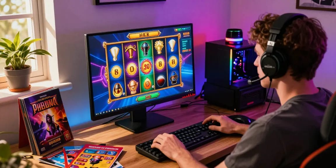 Engaging scene of a player enjoying slot depo 1k online, showcasing vibrant gaming interface and cozy home setup.