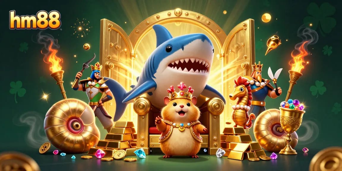 Experience the thrill of gambling in hm88 with the majestic hamster king and treasures.