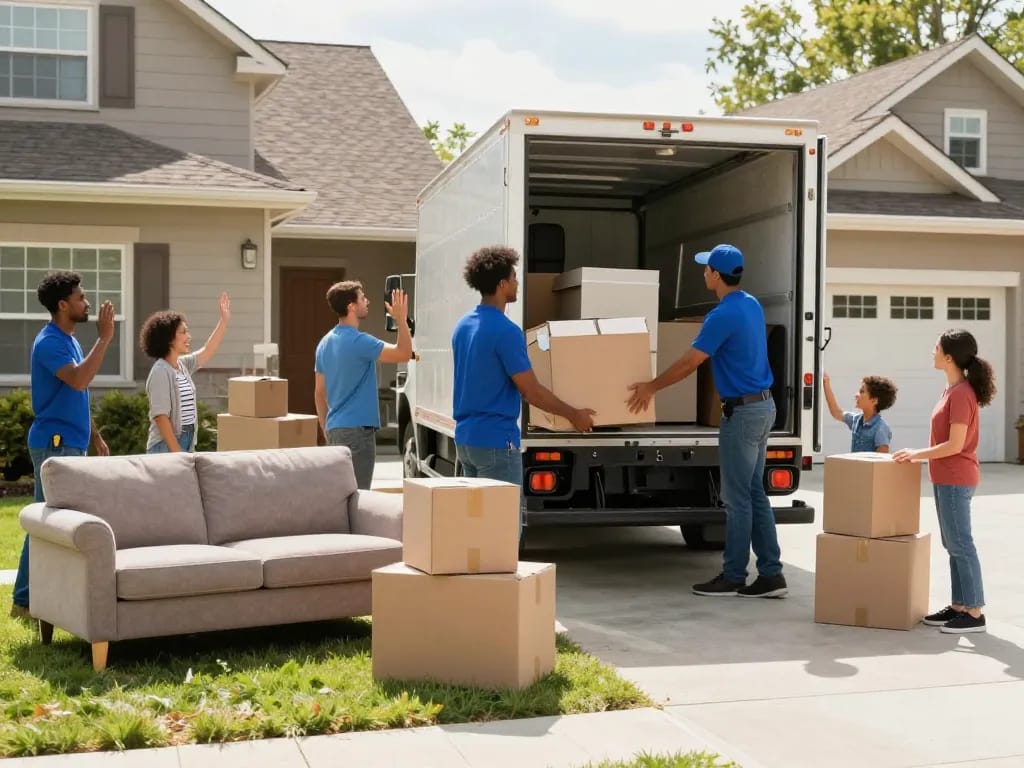 Professionelle Umzugshelfer bei der Arbeit, die einen vertrauenswürdigen Umzugsunternehmen Hannover Service zeigen und Möbel für einen Familienumzug laden.