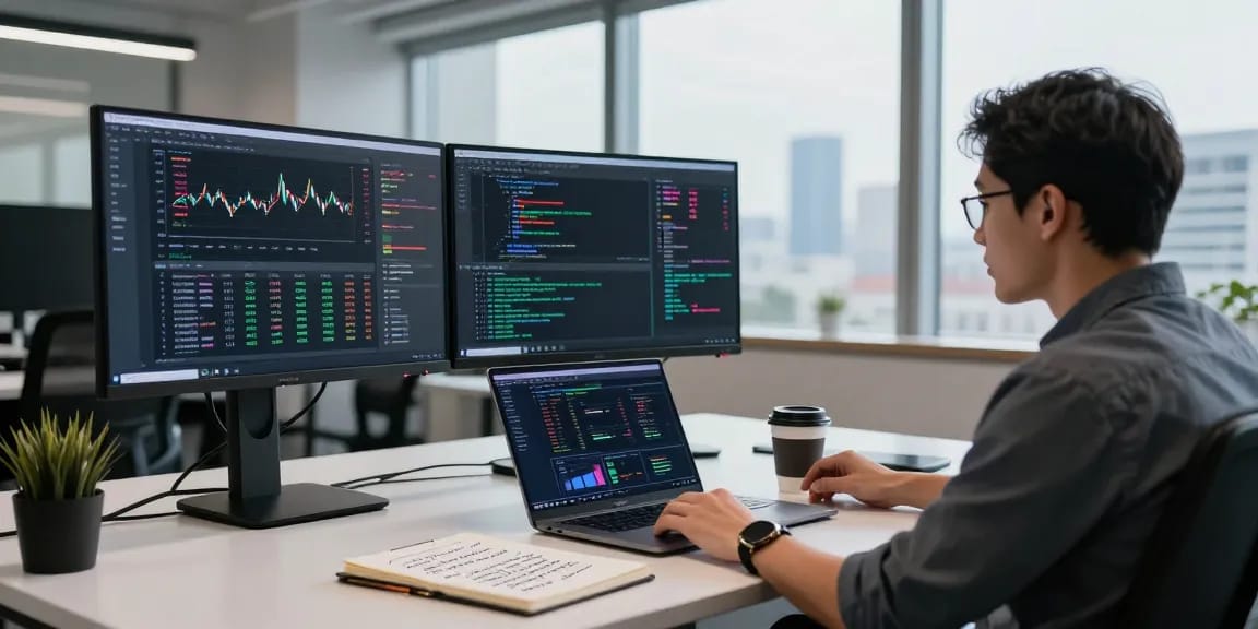 利用HKEX股票数据源的开发者在现代办公室内专注于实时市场数据，显示编码界面和金融文档。