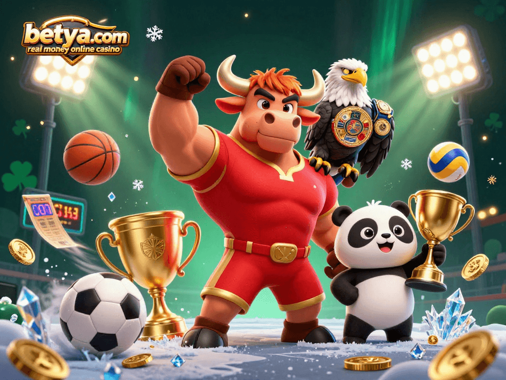 Experience triumph at betya.com real money online casino with dynamic sports-themed characters and vibrant visuals.