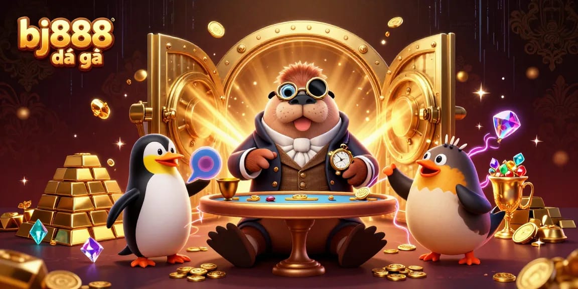 Experience the thrilling world of bj888 đá gà with animated characters at an underwater cockfighting table.