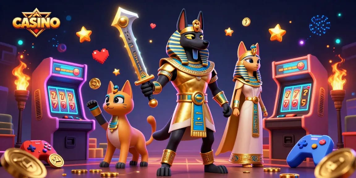 Experience thrilling casino excitement with the Anubis warrior and Bastet amidst vibrant gaming elements.