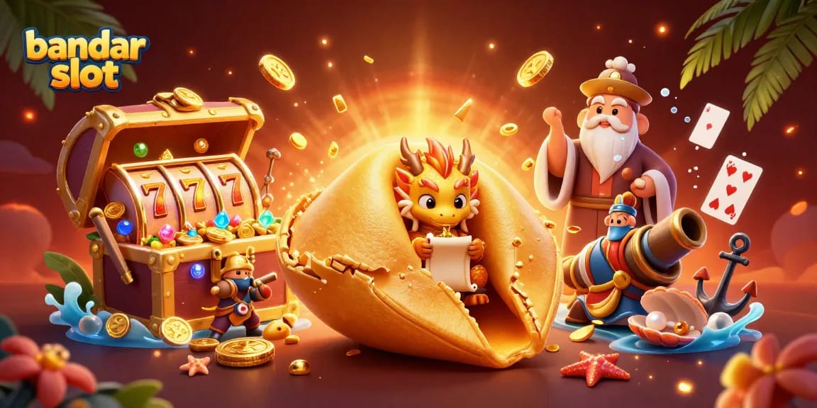 Experience thrilling gameplay with bandar slot as a golden fortune cookie reveals secrets amidst vibrant gaming elements.