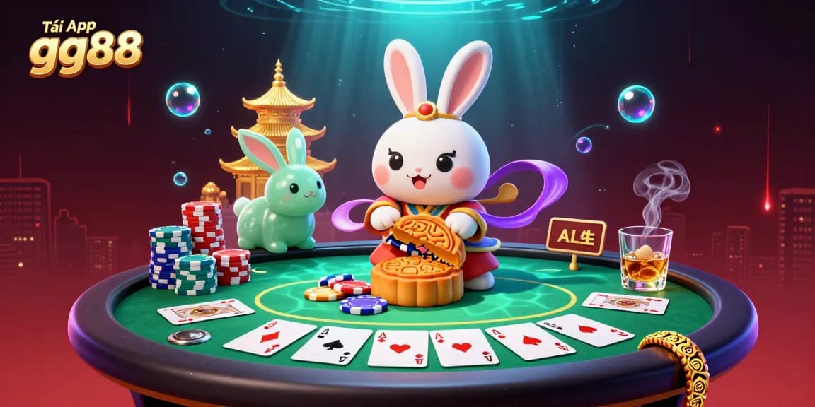 Engage with the lively scene featuring Tải App gg88, where the moon rabbit reveals poker chips and exciting gameplay elements.