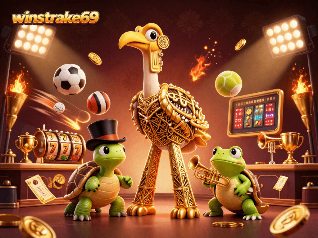 Winstrike69 celebrates a vibrant casino scene with dynamic characters and thrilling games.