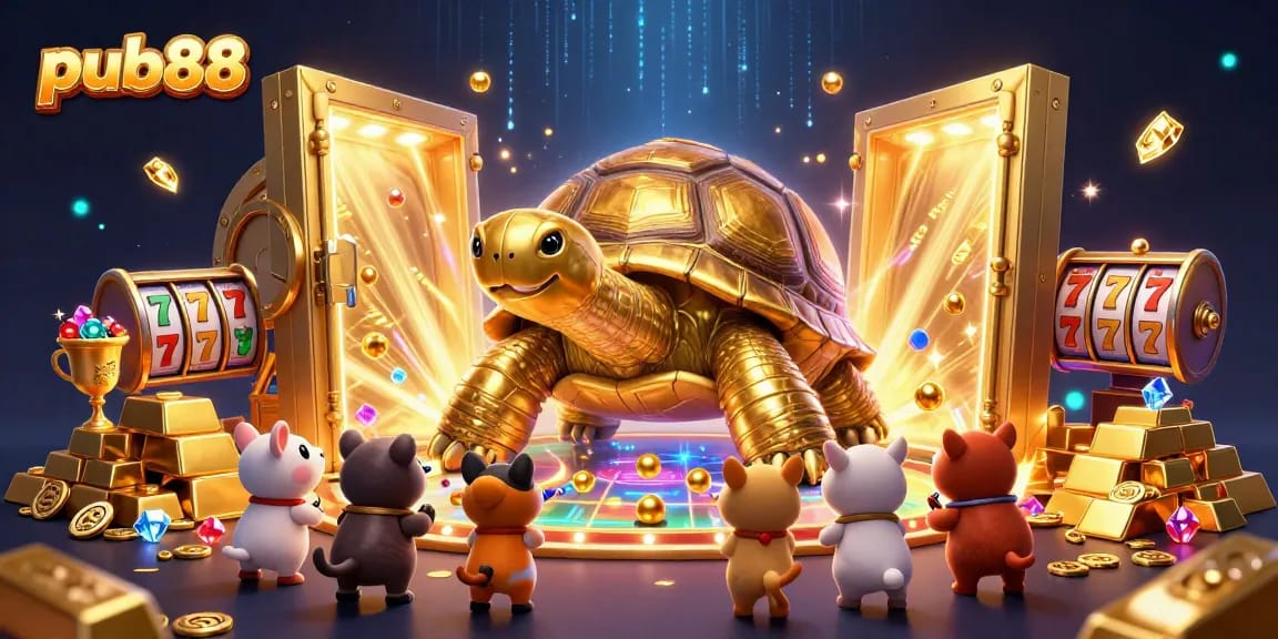 Experience winning with pub88 in a vibrant casino scene featuring a colossal golden tortoise.