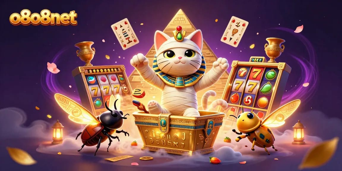 Experience the vibrant excitement of o8o8net with a mummy cat and golden symbols in a lively casino.