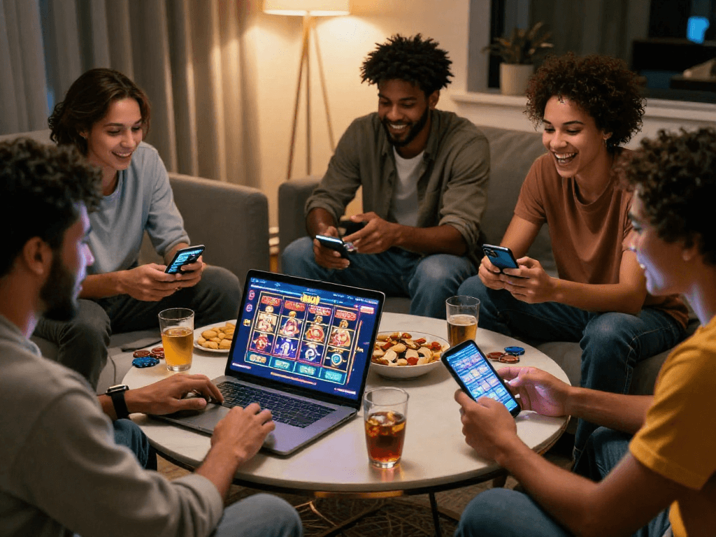 Un gruppo di amici entusiasti scommette su siti casino non AAMS in un'atmosfera accogliente.