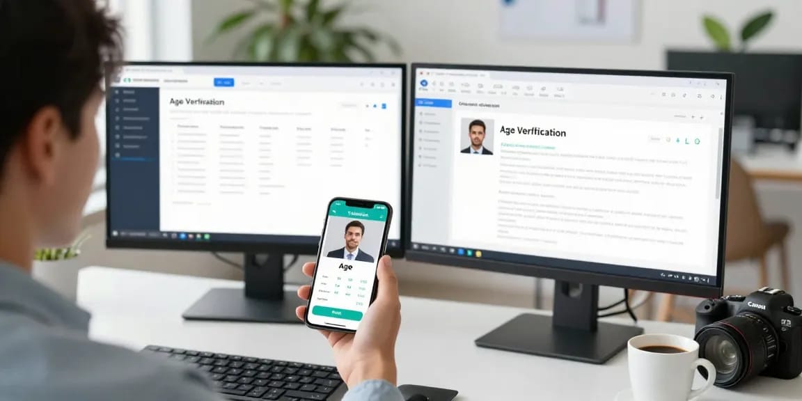 Seamless age verification system in action with a user completing verification via smartphone in a modern office.