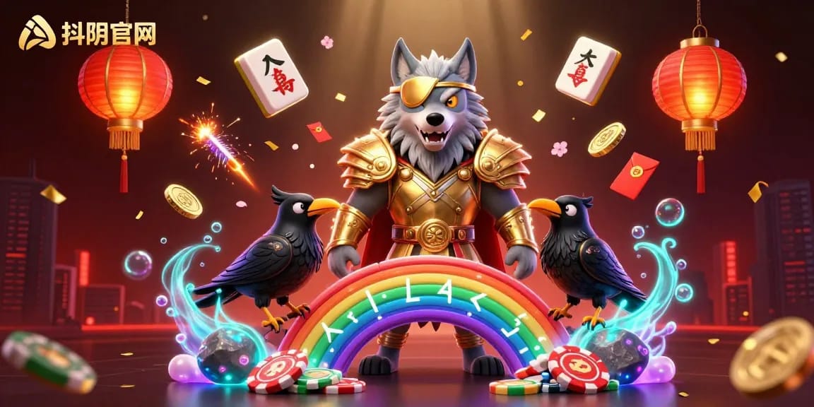 Engage with 抖阴官网 through a vibrant casino-themed illustration featuring Odin and ravens amidst a dynamic scene.