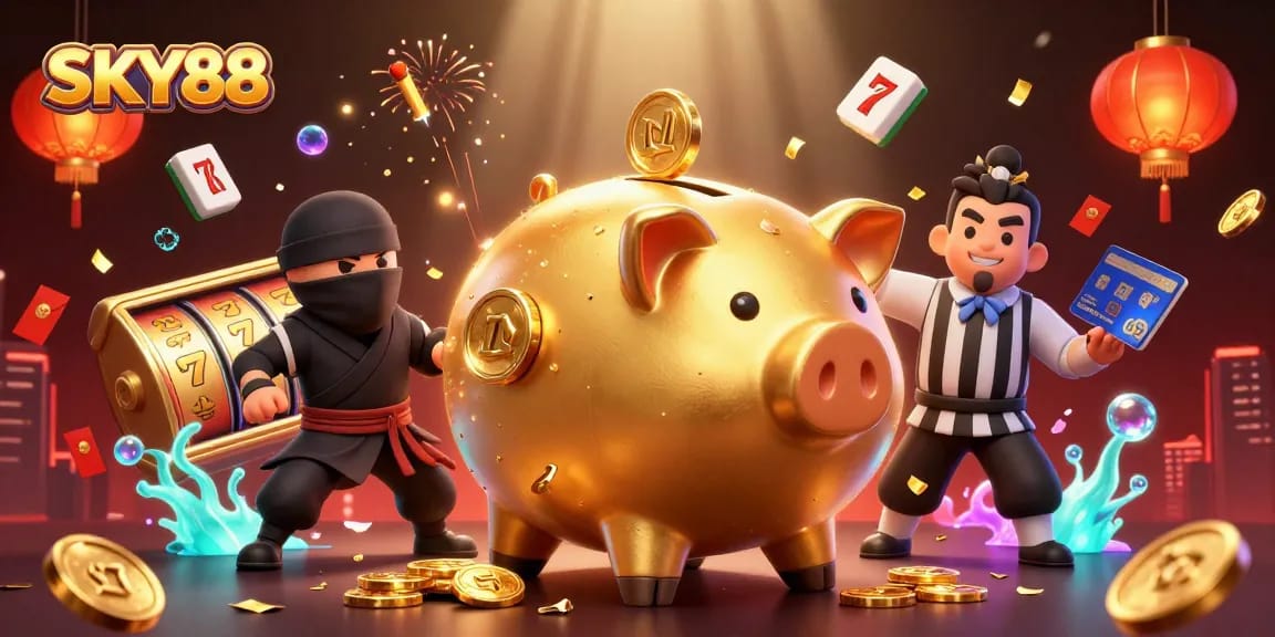 Experience thrilling gameplay at SKY88 with a dynamic casino scene featuring exciting characters and elements.