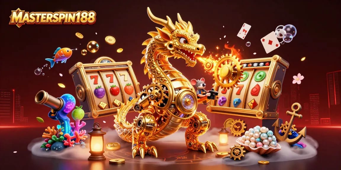 Experience excitement with MASTERSPIN188, featuring a golden dragon and slot machines in a vibrant casino scene.