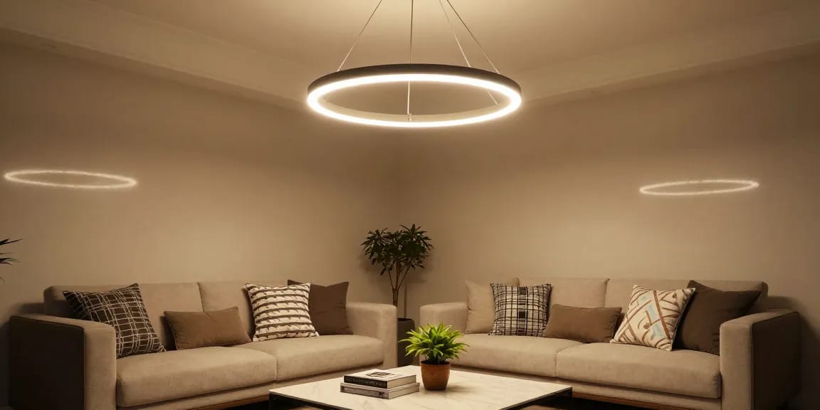Candelabre led moderne iluminând un living elegant, adăugând rafinament și confort.