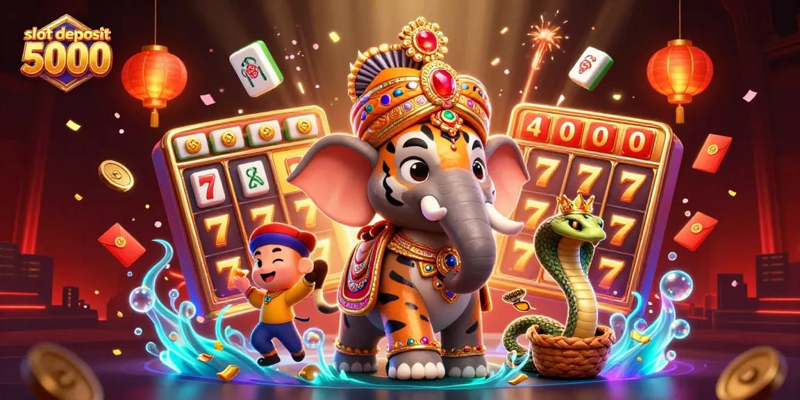 Experience excitement with slot deposit 5000 visual, showcasing vibrant casino elements and characters