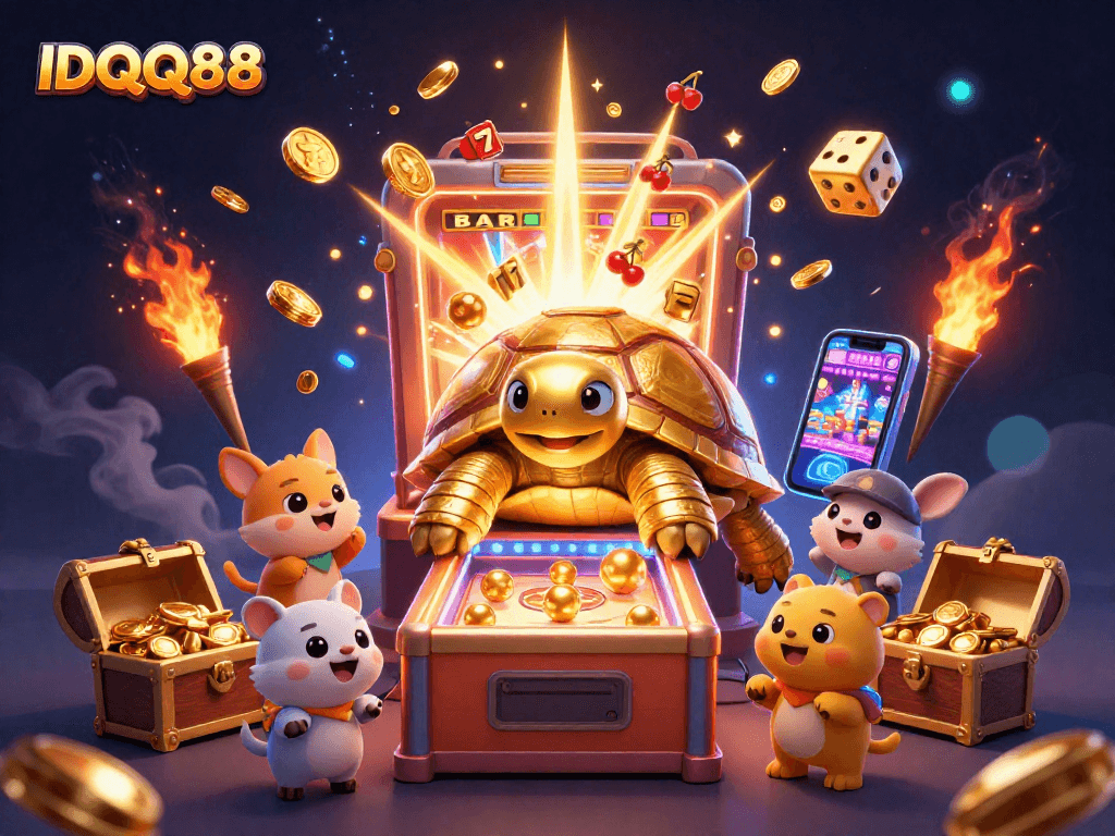 Engage with the IDQQ88 gaming experience featuring a dynamic 3D illustration with a golden tortoise pinball machine.