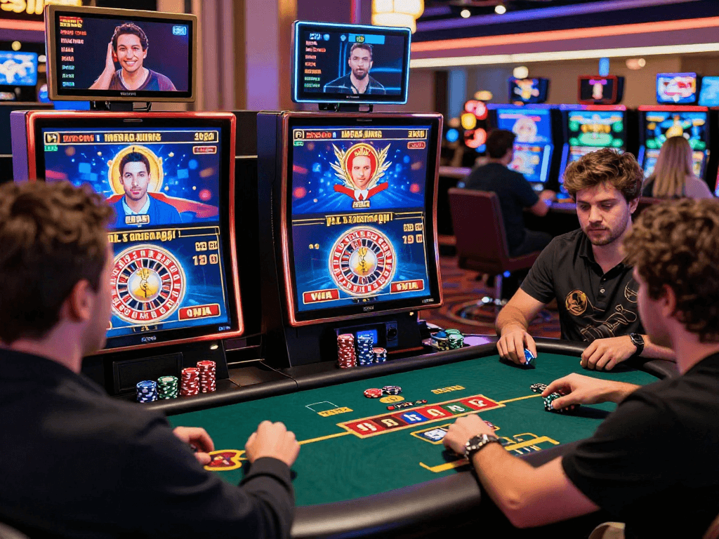 Giocatori entusiasti immersi in un ambiente di siti casino non AAMS, coinvolti in giochi come slot e poker.