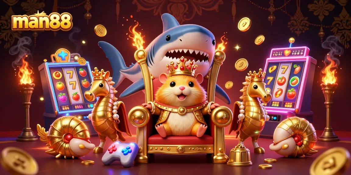 Engage in thrilling slot games at man88 with a golden hamster king and seahorse guards.