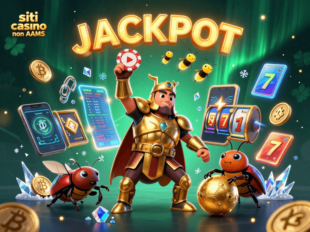 Immagine di siti casino non AAMS con un coleottero gladiatore e monete di Bitcoin in un'atmosfera vivace.