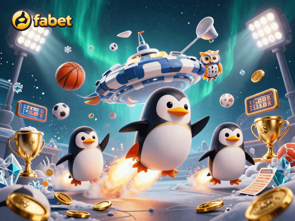Experience the excitement of fabet with our golden penguin character amidst thrilling casino elements.