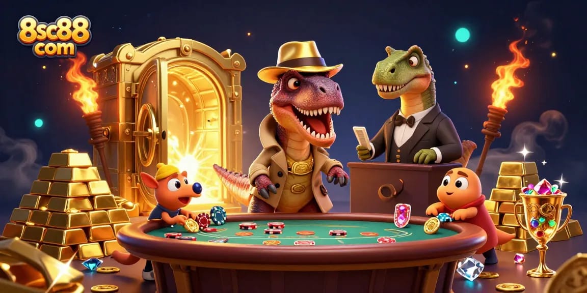 Catch the excitement of 8sc88 com as a velociraptor tries to blend in at a blackjack table surrounded by treasures.