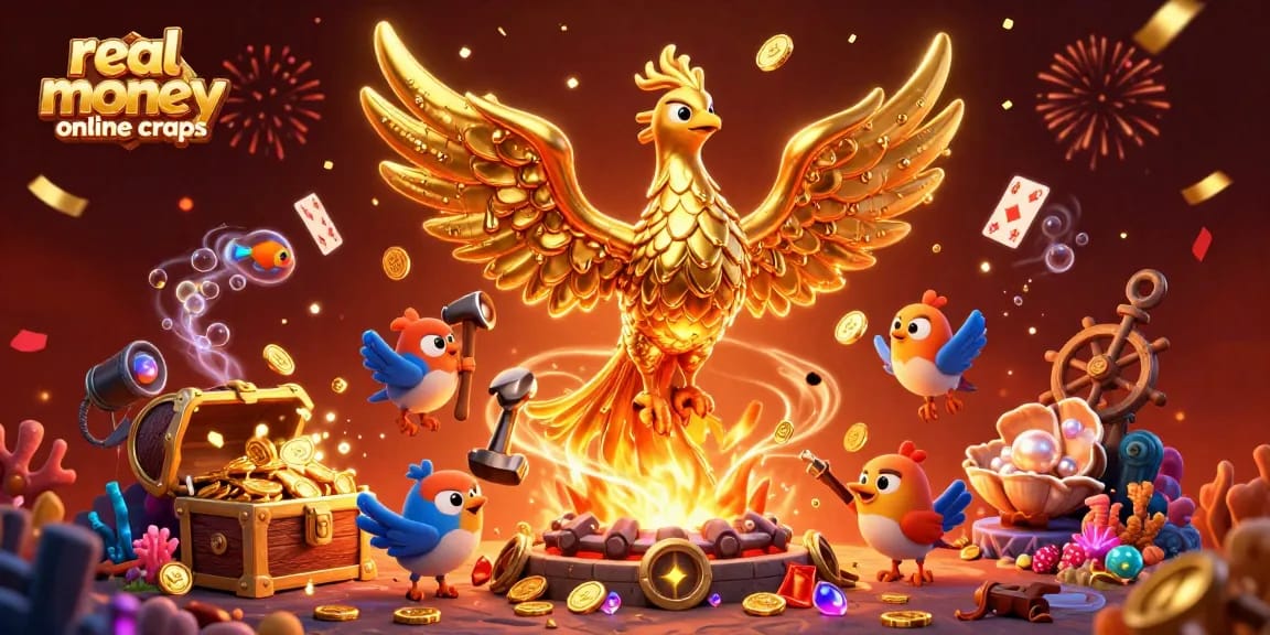 Play real money online craps with excitement as golden phoenix and treasures illuminate the scene.