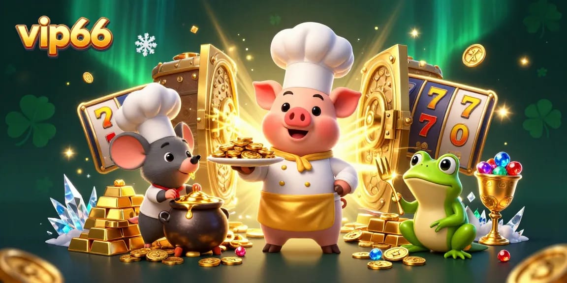 Engage with luck and fortune in vip66, featuring a whimsical pig chef serving gold coins among colorful slot reels.