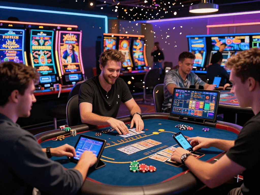 Giocatori entusiasti sui siti casino non AAMS mentre partecipano a giochi d'azzardo online con schermi colorati e luci al neon.