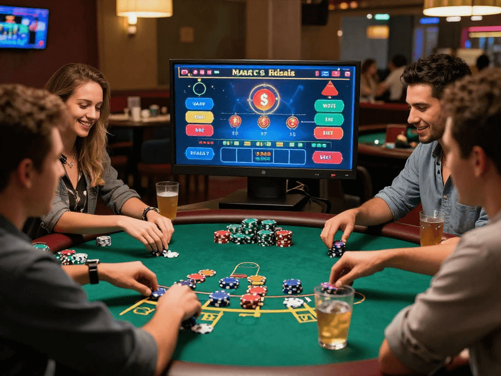 Giocatori felici coinvolti in un gioco di blackjack su siti casino non AAMS, ambiente accogliente e festoso.