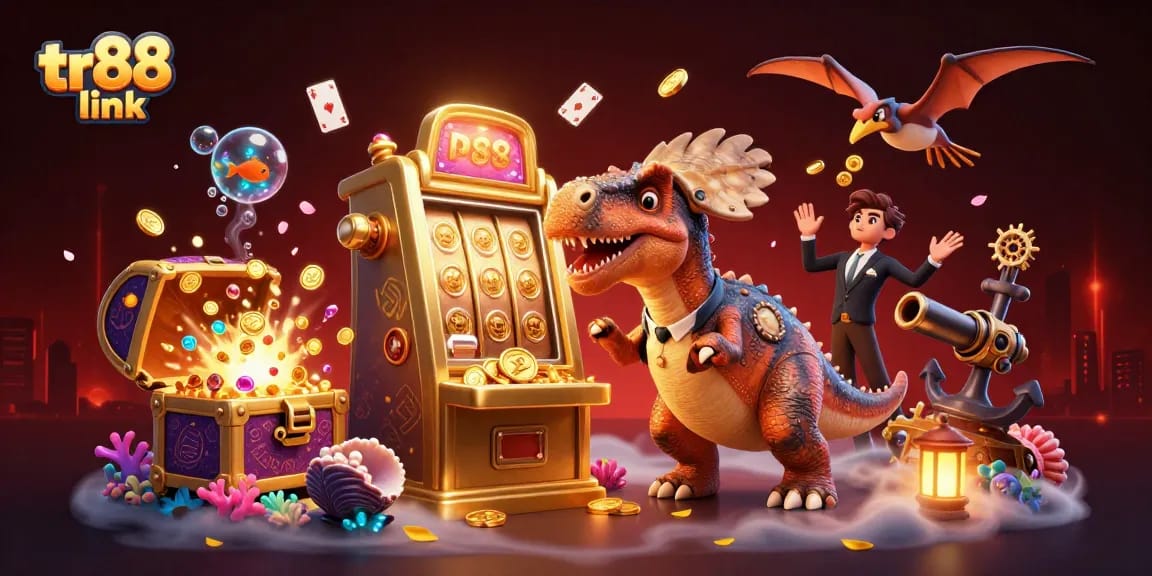 Jackpot excitement with a tr88 link themed illustration showing a dinosaur at a slot machine and golden coins flying