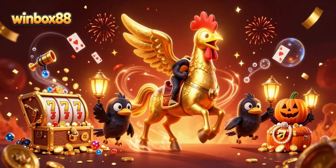 Experience the thrills of winbox88 with golden rooster characters in a captivating casino scene filled with slot reels and treasures.