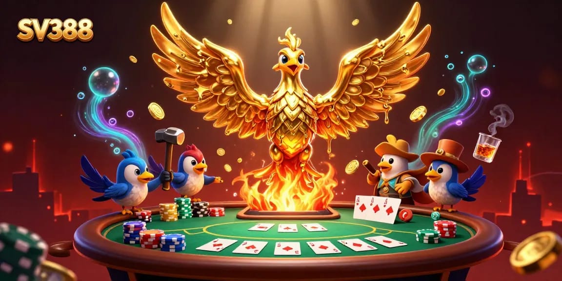 Engage with the thrilling SV388 cockfighting action depicted in a vibrant 3D casino illustration.