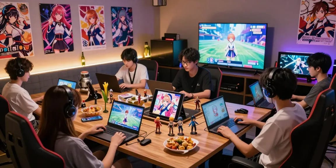 Gamers enjoying hentaigames in an inviting lounge with vibrant decor.