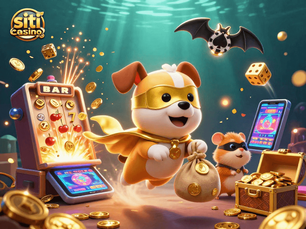 Scopri i migliori siti casino non AAMS con un'immagine vivace di un cane supereroe e tanti elementi di gioco.