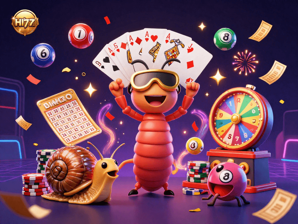 Experience the excitement of HI77 with a vibrant scene featuring a millipede dealer, colorful lottery elements, and celebratory confetti.