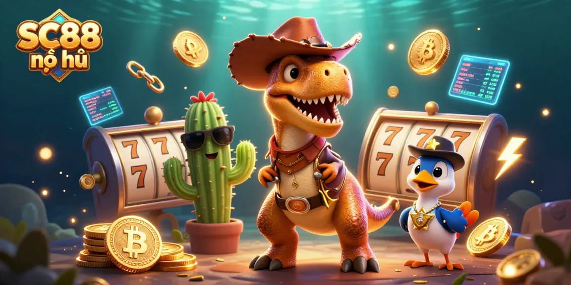 Play SC88 nổ hũ with exciting jackpots and vivid 3D characters in a vibrant casino scene.