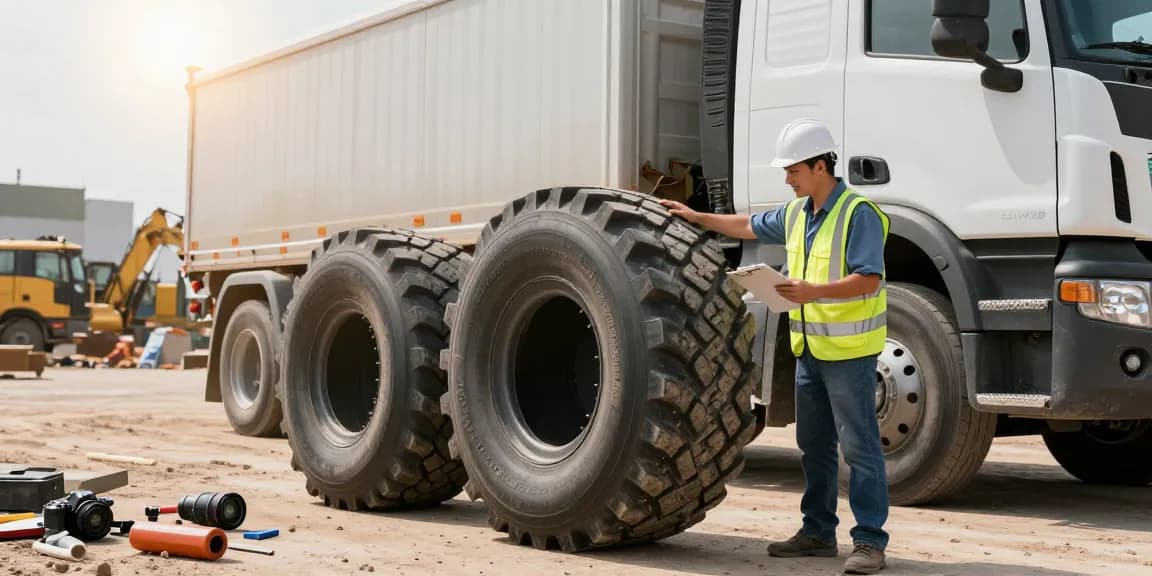 Truck driver inspecting Double Coin RR99 tires at a construction site with safety gear, showcasing durability and performance.