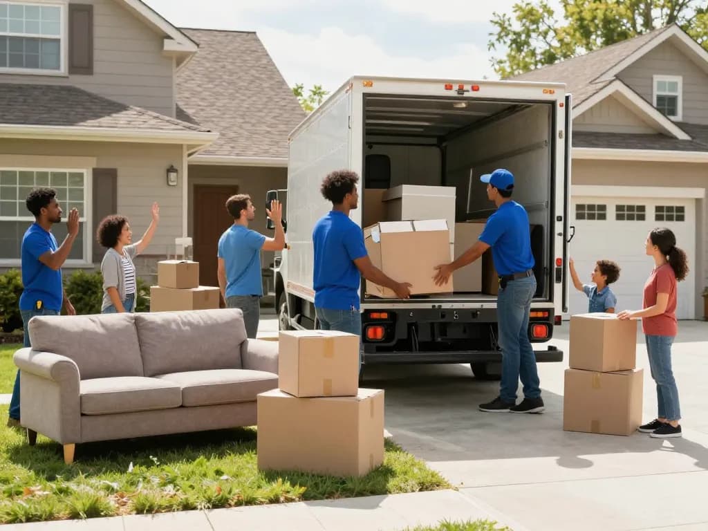 Professionelle Umzugshelfer bei der Arbeit, die einen vertrauenswürdigen Umzugsunternehmen Hannover Service zeigen und Möbel für einen Familienumzug laden.
