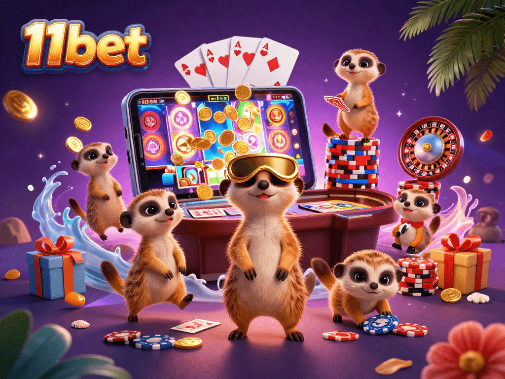 Experience thrilling gameplay with 11bet's dynamic casino scene featuring playful meerkats and vibrant game elements.