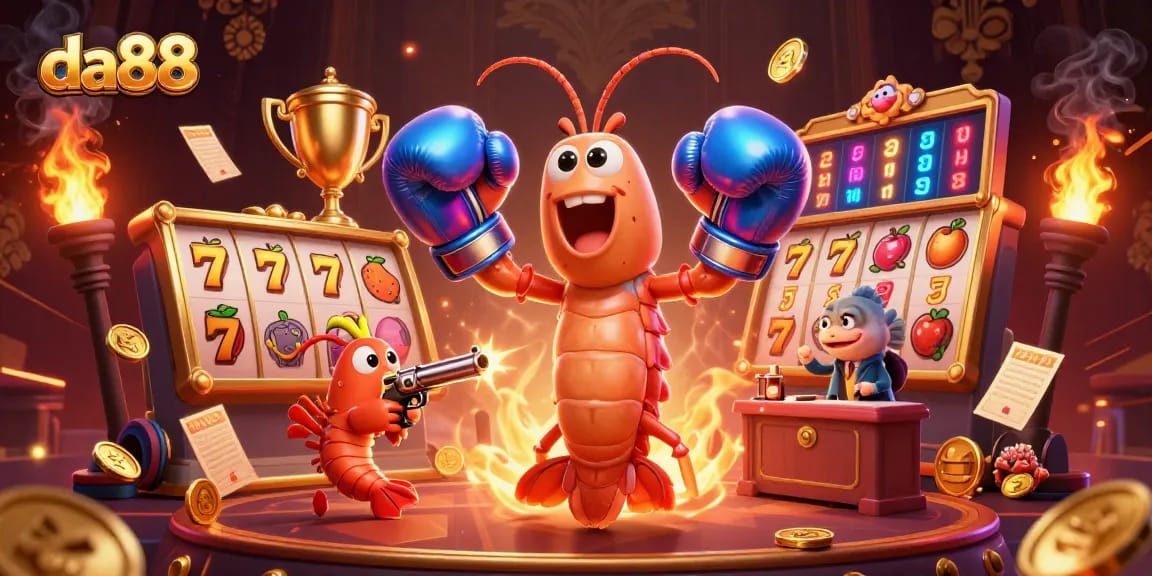 Watch da88's mantis shrimp champion alongside a lively pistol shrimp at a vibrant slot game setup.