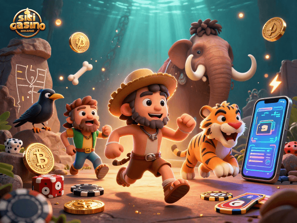 Gioca nei siti casino non AAMS, esplorando un casinò preistorico con un uomo delle caverne e una tigre dai denti a sciabola.