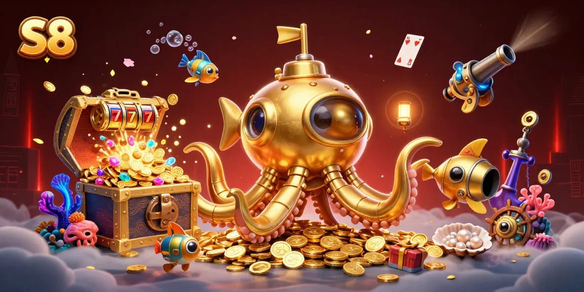 S8 immerses players in thrilling slot action with a golden kraken submarine and dazzling treasures.