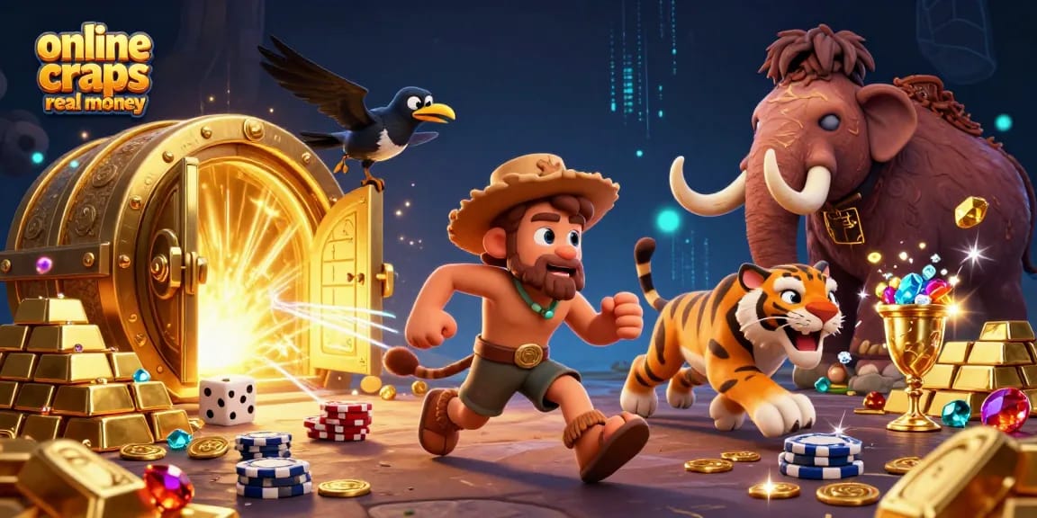 Experience online craps real money excitement in a vibrant prehistoric casino scene with whimsical characters.