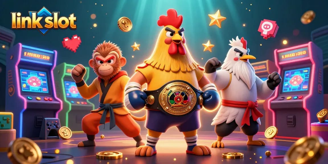 Temukan link slot yang menarik dengan ilustrasi karakter bertarung di arena kasino online.