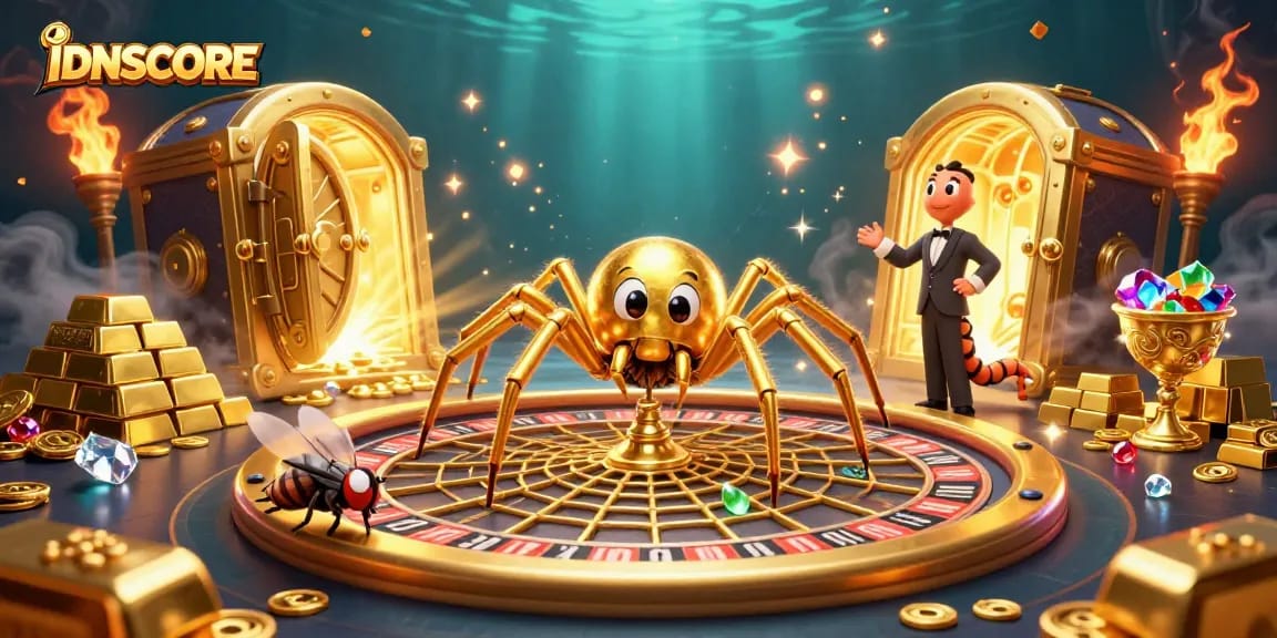 Experience IDNSCORE's thrilling gaming with a golden spider, roulette wheel, and massive treasure.