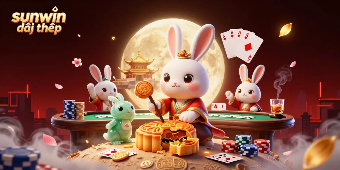 Enhance your play at sunwin đổi thưởng, as the moon rabbit reveals poker chips in a dynamic lunar scene.