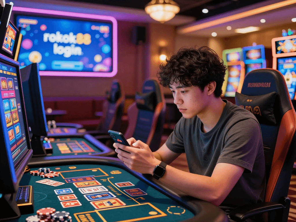 Engage with rokok88 login in a lively online casino atmosphere featuring players with vibrant gaming elements.